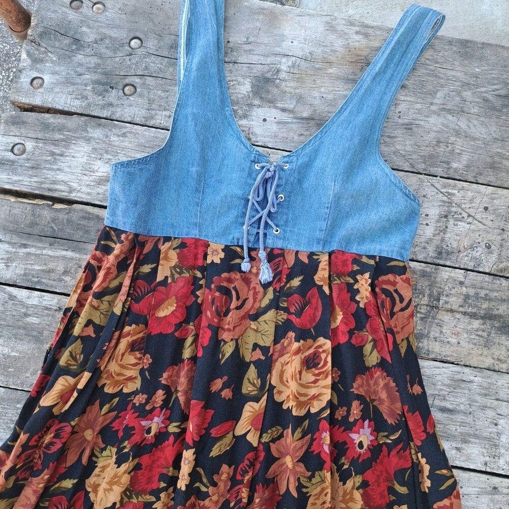 Vintage Y2k 90's Small Fall Autumn Maxi Denim Babydoll Dress Open Back Small